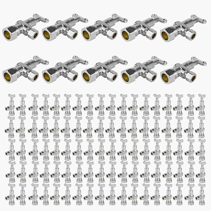 100-Pack GUOFIS Angle Stop Valve with 1/4 Turn Loose Control Key,1/2" Nominal (5/8" OD) Compression x 3/8" OD,Chrome Plated Brass Shut-off Valves for Potable Water(VALVE142-100Pack)