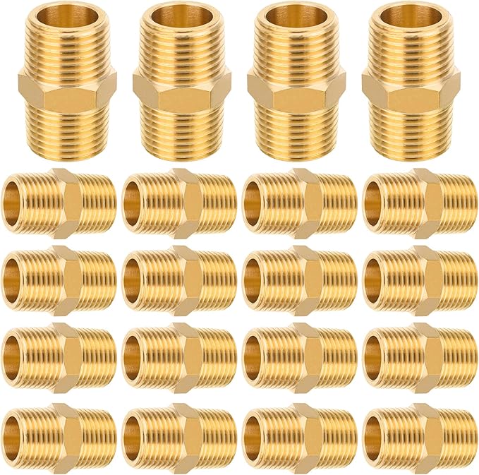 20-PCs HeSun Brass Hex Nipple Pipe Fitting, 3/8" NPT Male x 3/8" NPT Male Nipple Pipe Adapter, NPT012-20