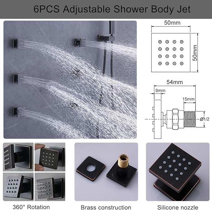 Temperature Display Rain Mixer Shower Faucet Set with 6 pcs Body Jets 12 inch Square Rainfall Shower Head with Handheld Spray Wall Mounted Rough-in Valve and Trim Included, Oil Rubbed Bronze