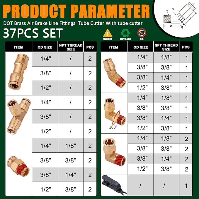 37Pcs Brass DOT Air Brake Line Fittings Assortment Kit 1/4" 3/8" 1/2" Push to Connect Fittings Air System Repair Kit for Truck, Air Brake Union 45 Degree & 90 Degree Male Elbow