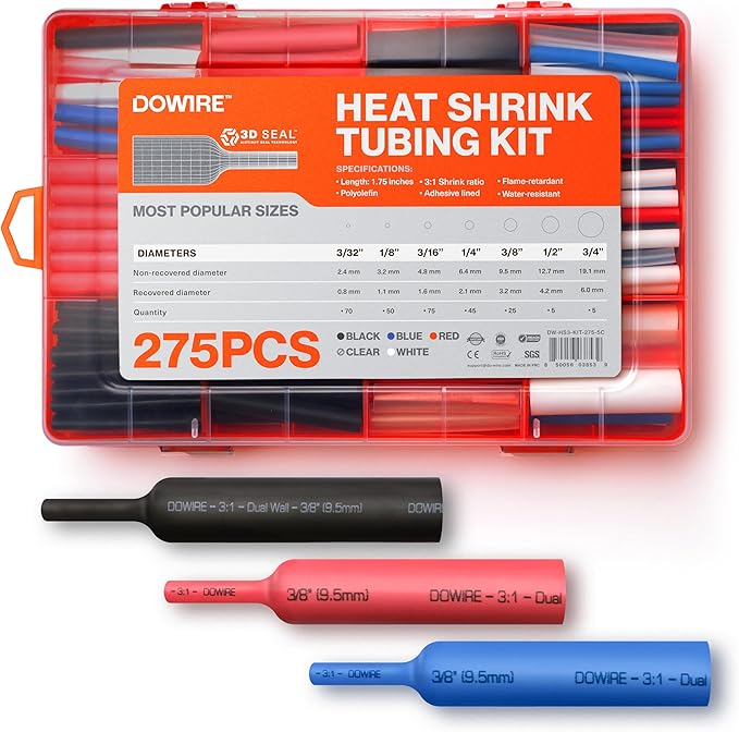Heat Shrink Tubing Kit - 3:1 Ratio - Adhesive Lined - Wire Shrink Wrap Tubing - Waterproof Marine Grade Shrink Tube - 275 PCS - Black, Red, Blue, White, Clear