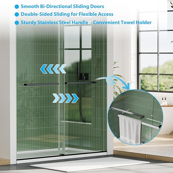 Frameless Double Sliding Shower Door - 56 to 60 Inch Adjustable Width x 74 Inch Height, 1/4" (6mm) Clear Tempered Glass with Easy-Clean, Space-Saving Bypass Design, Matte Black Finish for Bathroom