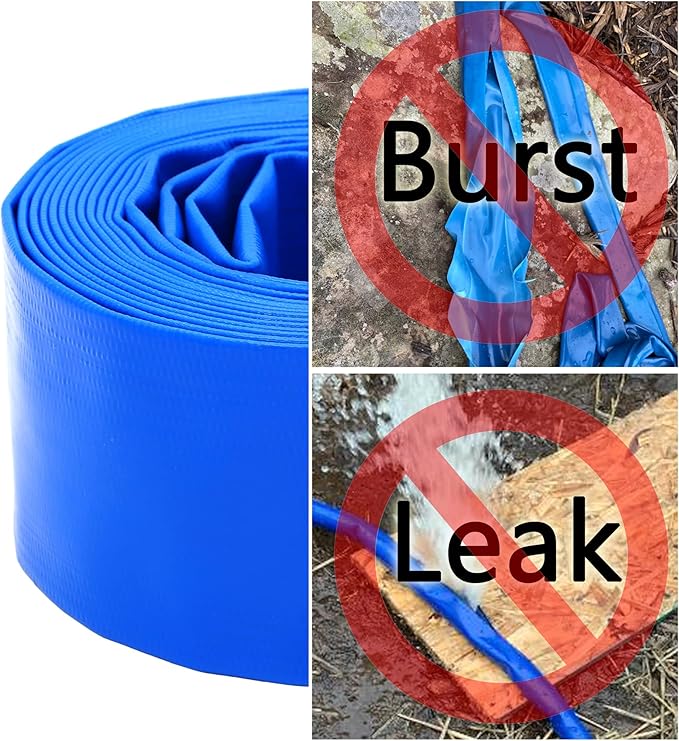 DAVCO 1.5" x 100 ft Pool Backwash Hose, Heavy Duty Reinforced Blue PVC Lay Flat Water Discharge Pump Hoses For Swimming Drain Pools and Clean Filters,with 1 Clamp