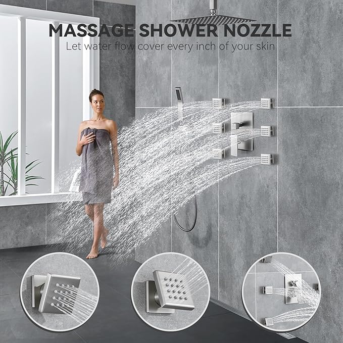 Rain Shower System With Complete 6 Pcs Body Sprays Jets And Pressured Balance Rough-in Valve,12Inch Rainfall Shower Head And Handheld, Modern Brushed Nickel Ceiling Mount Shower Faucet Sets