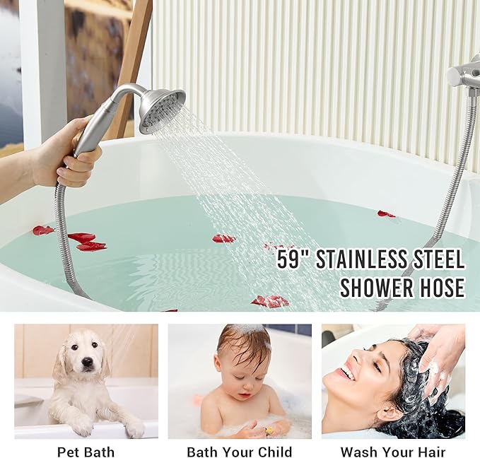 DASAN Antique Wall Mount Tub Filler Faucet with Hand Held Shower, Brushed Nickel Bathtub Faucet with Sprayer Wall Mounted Roman Bath Tub Faucet Set with High Flow Rough in Valve, AT201TF-BN