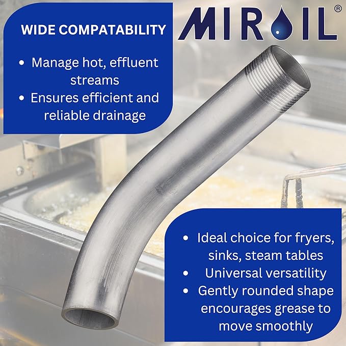 Deep Fryer Drain Pipe - Inner Diameter 1.25" (1.6" Outer) x 9.5" - Oil Fryer Drain Extension Pipe - Easy Installation - Curve Out Fitting for Pitco, Frymaster, ANETS, Vulcan-Hart - by MirOil 90295