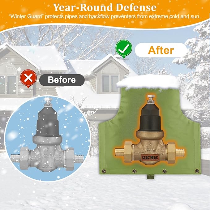 Backflow Preventer Insulated Cover (5°F) for Winter Freeze Protection, 14"W x 13"H Thickened Pressure Reducing Value & Well Pump Cover, Outdoor Waterproof Insulation Pouch for Sprinkler Valve, Green