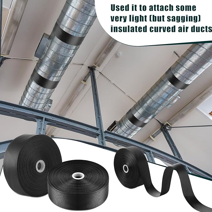 Frienda 2 Rolls Duct Strap Duct Support Webbing Wide Webbing Strap Support Belt Heavy Duty(400 ft X 1.97 Inch,Black)