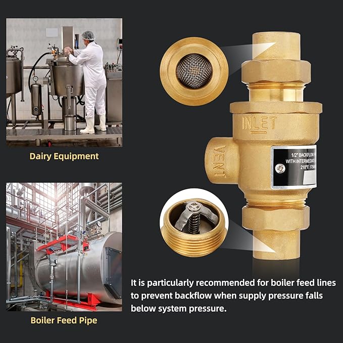 1/2 Inch 9D-M3 Backflow Preventer Brass Dual Check Valve with Intermediate Atmospheric Vent,1/2 Inch,Female Union Inlet and Outlet,190T012,Replacement for Watts