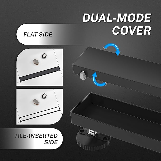 Linear Shower Drain, Linear Drains .30 Inch Shower Trench Drain with 2-in-1 Flat Cover & Inser Cover,304 Stainless Rectangle Steel Shower Floor Drain with Hair Strainer and Leveling Feet(Black, 30 in)