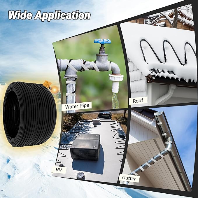 Heat Tape for Roof and Gutters 152FT, 8 Watts/ft Roof Heat Cable w/ 60PCS Clips & Spacers, Self-Regulating Heat Cable w/LED Plug, Gutter Heat Cable for Ice Dam & Pipe Freeze Prevention