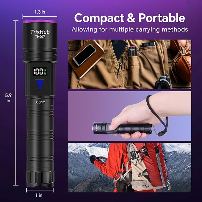 365nm Black Light Flashlight, UV Flashlight Rechargeable with LCD Display, Powerful Ultraviolet Lights for Pet Urine Detection, Resin Curing, Blood Tracking, Scorpion, Uranium Glass, A/CLeak