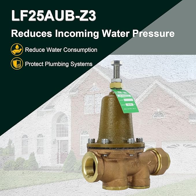 LF25AUB-Z3 Water Pressure Reducing Valve 3/4 inch NPT Female Union + NPT Female, Polymer Seat, Adjustable 25-75 PSI