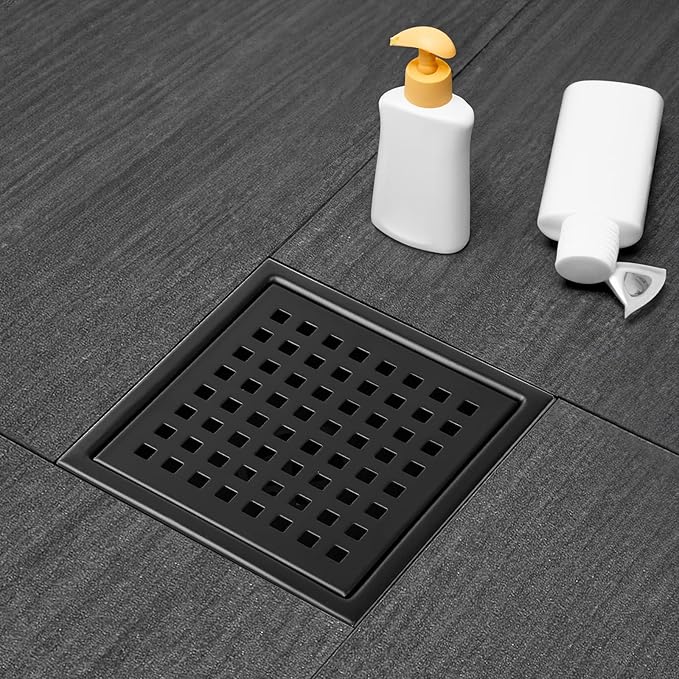 Square Shower Drain, Black Shower Drain 6 inch with Flange and Removeable Grate Cover, AISI 304 Stainless Steel Matte Black Shower Floor Drain with Hair Catcher and Flange