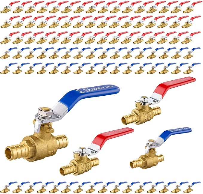 100-Pack Foskan 1/2" PEX Crimp Ball Valve, Brass Quarter Turn Full Port Shut-off Valve for PEX Tubing(Blue and Red)