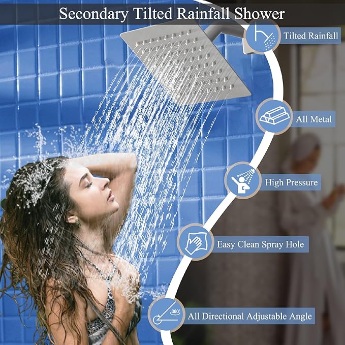 Brushed Nickel Shower System, Knob Switch Diverter Shower Faucet Set with High Pressure Handheld Spray, Ceiling Mount 10 Inch Shower Head with 6 Inch Wall Mount Shower Head