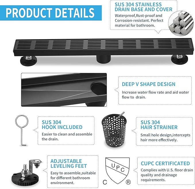 Linear Shower Drain 28 Inch, Professional Brushed SUS-304 Stainless Steel Shower Drain, 51L/Min Fast Drainage Floor Linear Drain, US Standard CUPC Certified, Matte Black, SD-109