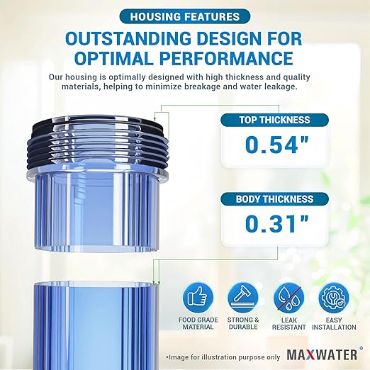 Max Water 20" x 4.5" Whole House Water Filter Housing – Fits Standard Large Blue Filters – 1 inch Inlet/Outlet Ports with Pressure Gauge Wrench and Bracket (2 Housing + 2 Pressure Gauge)