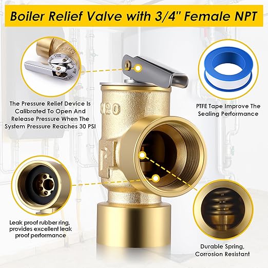 30 PSI Pressure Relief Valve, Boiler Relief Valve with 3/4" Female NPT x 3/4" Female NPT, PTFE Thread Seal Tape, Brass, for Hot Water and Cold Water Systems