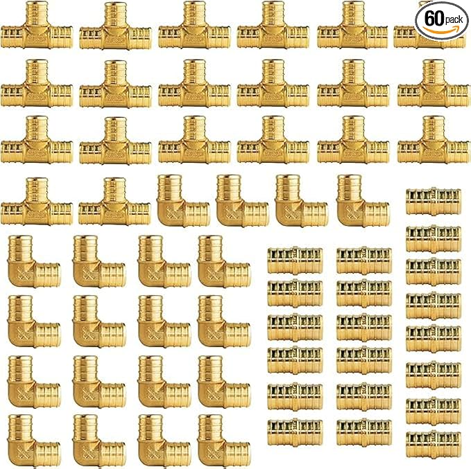 WiseWater 60 Pcs Pex Fittings, 3/4 inch T PEX Tee(20PCS) & 90 Degree Elbow & Straight Coupling, Brass Barb Crimp Pipe Fitting for Pex Pipe(Pack of 60), UPC Certified