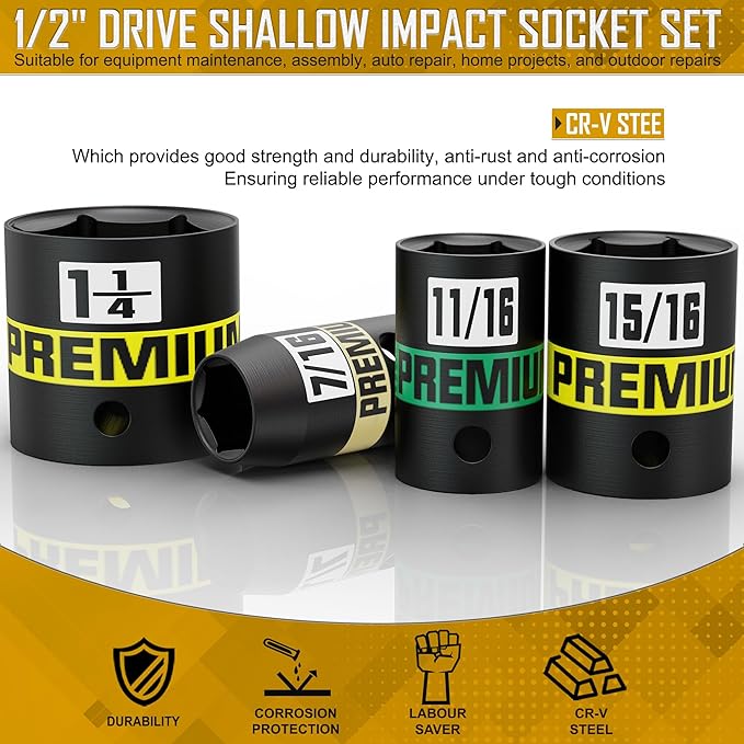 14-Piece 1/2" Drive Shallow Impact Socket Set, 3/8" to 1-1/4", Semi-Deep Sockets, Cr-V, Socket Set for Automotive and Home, SAE, 6 Point