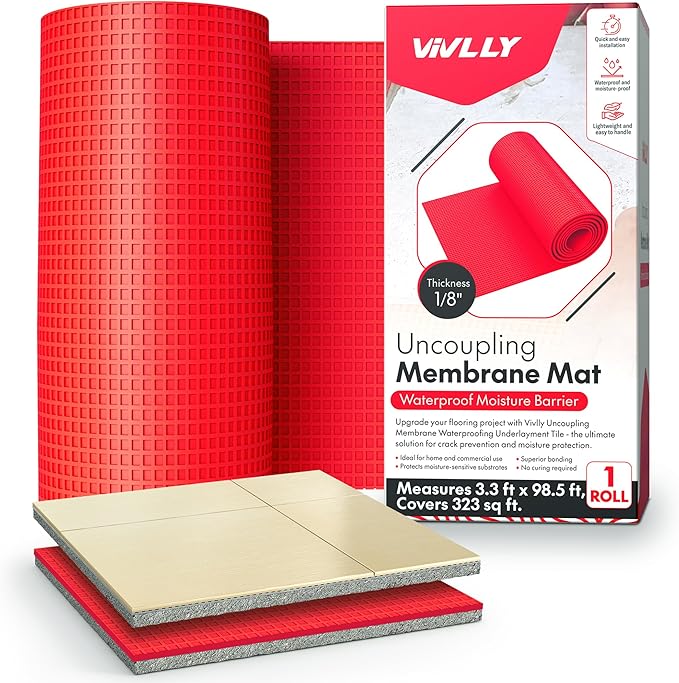 Uncoupling Membrane for Tile- Waterproof Anti-Fracture Underlayment for Shower Floor, Bathroom Tile, Stone & Concrete - Crack Isolation Mat for Tile Installation
