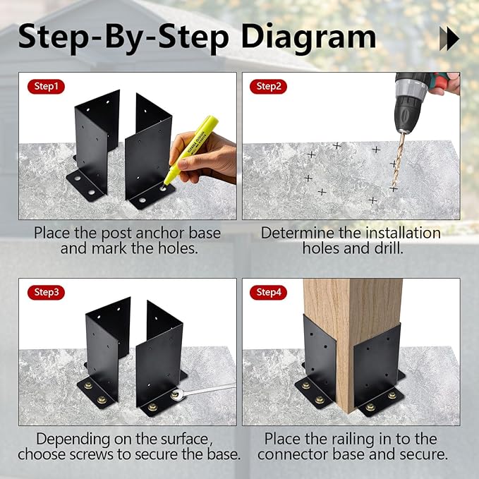4 Pcs Post Anchor Brackets Kit for 4x4 6x6 8x8 Post, Heavy Duty Wood Fence Deck Tough Post Anchor Base Brackets for Deck Supports, Porch Railings, Handrails and Post Holders