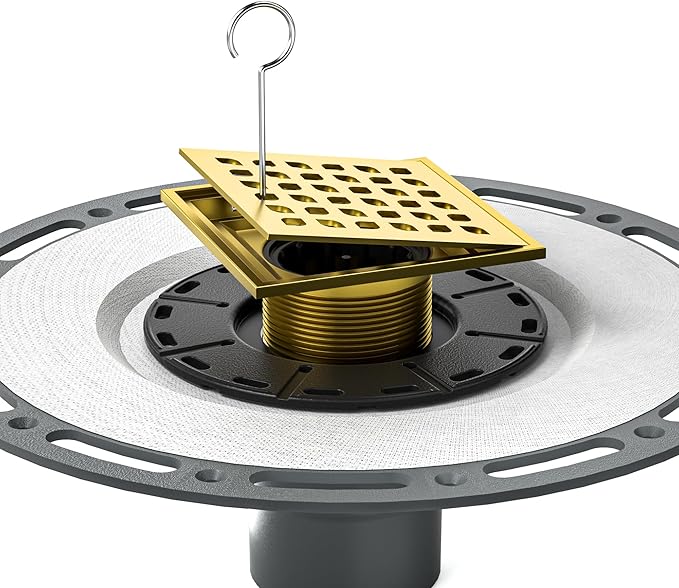 Square Shower Drain 4" Polished Gold 304 Stainless Steel Drain Grate Removable Drain Key with PVC Bonding Flange Base for Low Profile Shower Floor Tiles