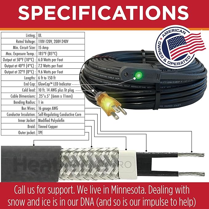 RADIANT SOLUTIONS HeatTapePro - Intelligent Commercial Grade Self-Regulating Heat Cable with GlowCap™ - 10 YR warranty - Ice Dam & Pipe Freeze Protection - 87 ft cable + 10 Ft Cord, 120V, 6 watts/Ft