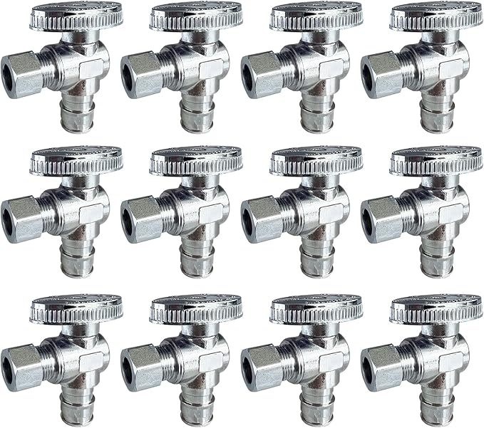 SUNGATOR 12-Pack Pex A Angle Stop Valve, 1/2" Pex A Expansion x 3/8" OD Compression, 1/4 Turn Chrome Plated Brass Shut Off Valve