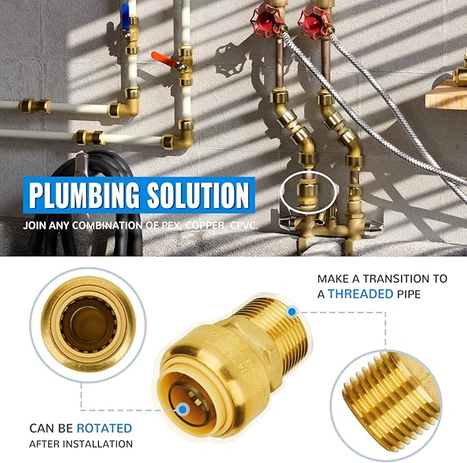 SUNGATOR 3/4 Inch Male Adapter, 3/4 Inch MNPT, No Lead Brass Push-to-Connect Plumbing Fitting for PEX Pipe, Copper, CPVC, PE-RT, With 1 Disconnect Clip, Pack of 12
