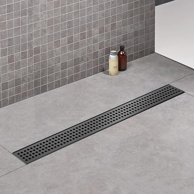 Linear Shower Drain, 32 inch Black Drain with Removable Grate Cover, Brushed 304 Stainless Steel Shower Floor Drain, Linear Drain with Hair Strainer and Adjustable Feet