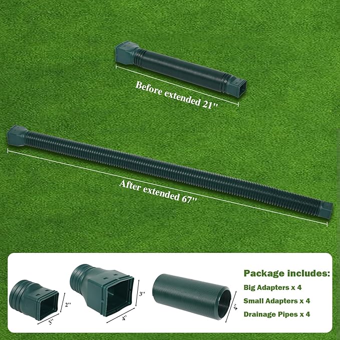 4 Pack Flexible Gutter Downspout Extensions Extendable from 21" to 67", Downspout Extender Comes with Adapters, Thickened Down spout Drain Extension for Rainwater Drainage(Green)