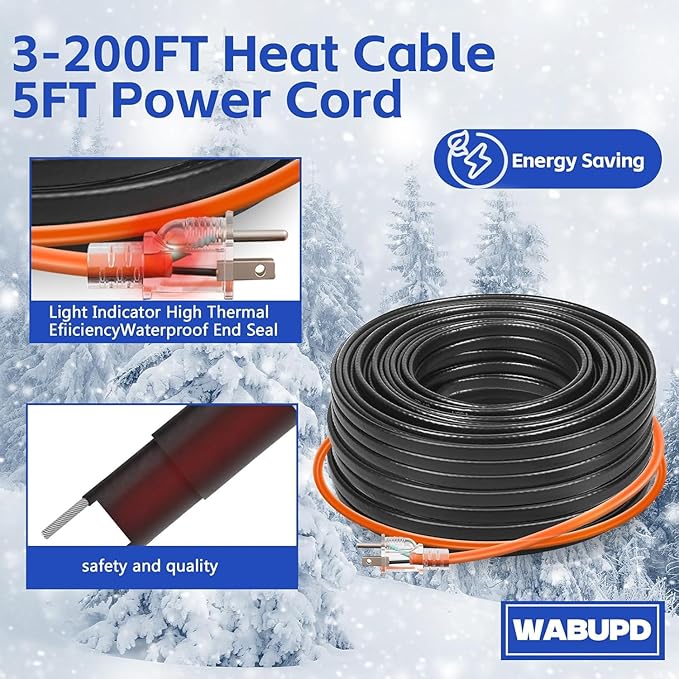 3FT-200FT Heat Tape for Water Pipes, -40°F Deicing Pipe Heat Cable,Electric Heating Cable Pipe,Frezze Protection for Heat Trace Cable for Metal, Plastic Home Pipes,Gutter,120V 5W/ft（80FT）