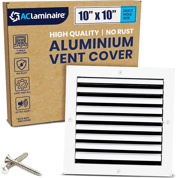 10x10 Inch (Duct Opening) Aluminum 1-Way Air Flow Vent – HVAC Vent Cover for Wall or Ceiling – Quiet HVAC Wall Register - Multi-Shutter Damper – Adjustable Curved Blade - Plastic Seal for Tight Fit