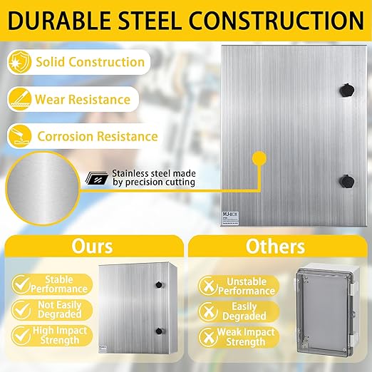 MJ-Box Steel Electrical Enclosure Box 24 x 24 x 12'' 304 Stainless Steel Electrical Enclosure IP66 Waterproof & Dustproof Outdoor/Indoor NEMA 4X Stainless Steel Enclosure