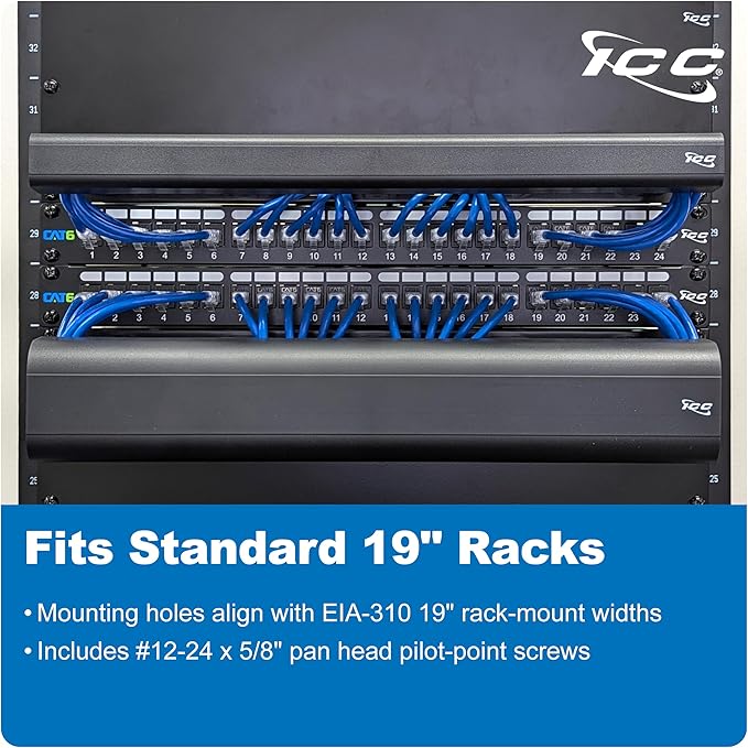 ICC 1U Ring Cable Manager Panel with Cover, Plastic with Metal Back Frame, 4" D-Rings, Horizontal Cable Management, Rackmount for 19” Network Racks, Black, 6-Pack