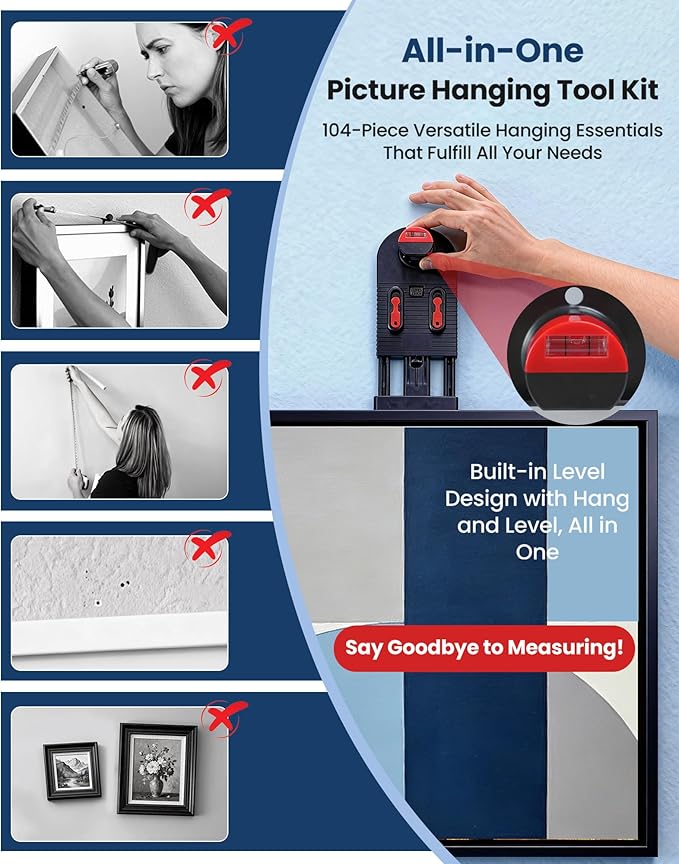 All-in-One Picture Hanging Tool Kit with Level, 104-Piece Photo Frame Hanging Tool, No Measurement Needed for Easy Picture Leveling, Perfect for Sawtooth Hangers, Wire Hangers, and D-Ring Hangers