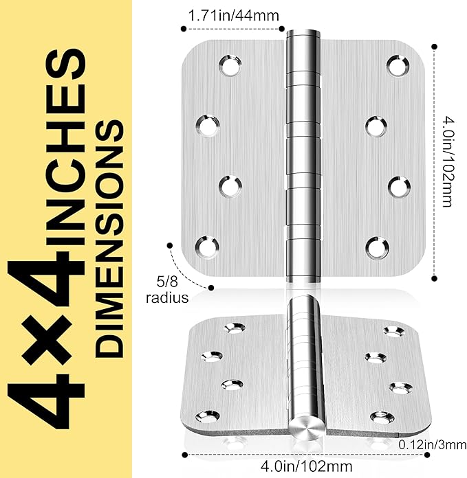 3 Pack 4" Heavy Duty Door Hinges with 5/8'' Radius Corner, 4in x 4in Stainless Steel Door Hinges for Exterior & Interior Doors, Smooth and Quiet (Silver)