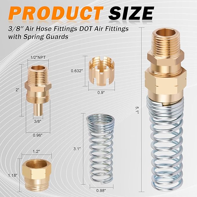 3/8” Hose x 1/2” Male Connector with Spring Guard, 4 Pack Brass DOT Air Brake Hose End Fitting with 8 Pack 3/8”Sleeve Tube