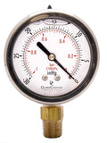 2" Oil Filled Vaccum Pressure Gauge - Stainless Steel Case, Brass, 1/4" NPT, Lower Mount Connection, 30HG/0