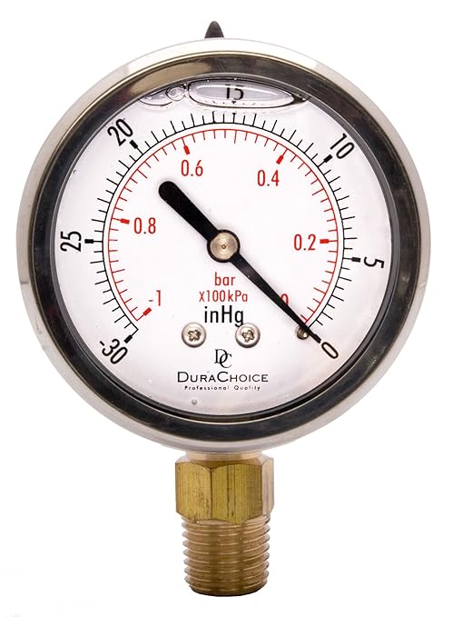 2" Oil Filled Vaccum Pressure Gauge - Stainless Steel Case, Brass, 1/4" NPT, Lower Mount Connection, 30HG/0