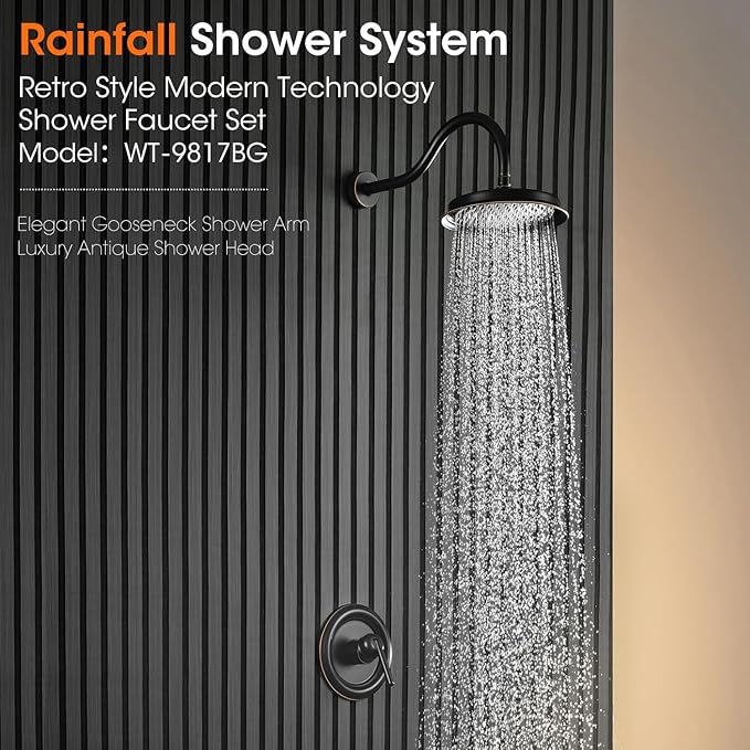 Oil Rubbed Bronze Shower System, Shower Faucet Set with Pressure Balance Valve, 9 inch Single-Function Rain Shower Head, Bathroom Shower Valve Trim Kit,High Pressure Shower Fixtures(WT-9817ORB)