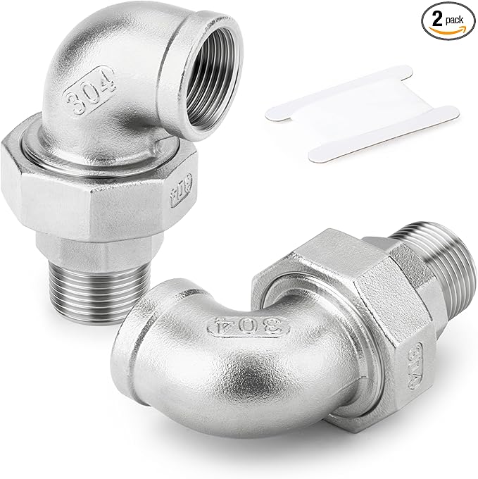 TAISHER 2PCS 304 Stainless Steel 90 Degree Elbow Union，3/8" NPT Female x 3/8" NPT Male Cast Pipe Fitting