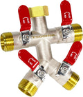 Heavy Duty Brass Garden Hose Splitter 4 Way, Freeze and Sun Resistant Outdoor Faucet Brass Connector Tap Splitter 4 Valves, Nickel Plated for Rust Resistance, 3/4” GHT (Red)