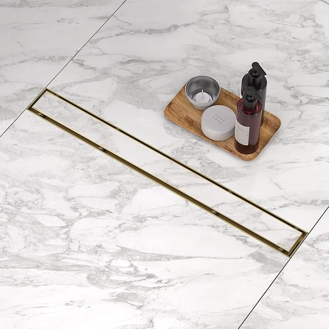 Linear Shower Drain. 24 Inch Shower Trench Drain with 2-in-1 Flat Cover & Inser Cover,304 Stainless Rectangle Steel Shower Floor Drain with Hair Strainer and Leveling Feet(Gold, 24 in)