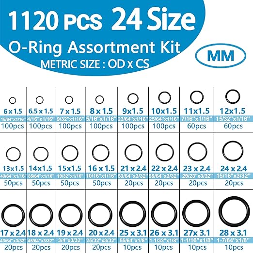 24 Size Rubber O Ring Set,1120 Pcs Black Small O Rings Assortment Kits,Assorted Metric Sealing Washer for Auto Plumbing Faucet Water Air or Gas Repair