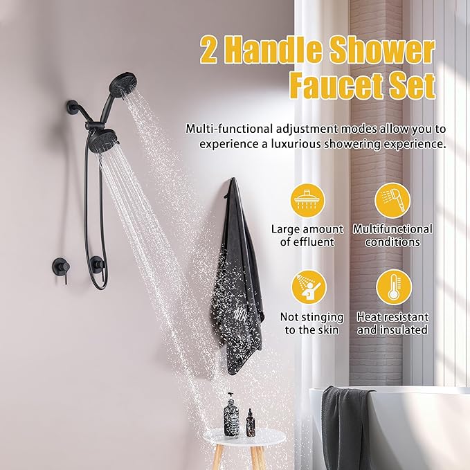 2 Handle Shower Faucet Wall Mounted Two Handles Shower Faucet Set with 8 Modes Rainfall Shower Head and 10 Modes Handheld 2 Knobs Shower Trim Kit with Rough-in Valve, Matte Black