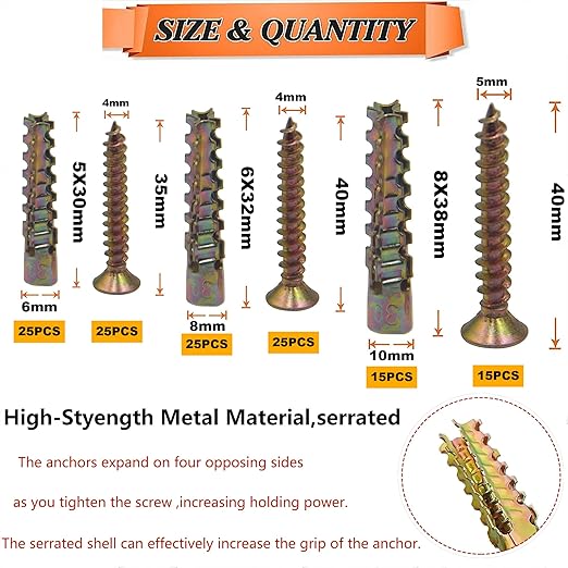 130pcs Tree Shaped Steel Wall Anchor with Screws for Hollow Wall, Concrete Wall, Plaster Wall and Wooden Wall，3 Sizes (5x30mm、 6x32mm、 8x38mm)
