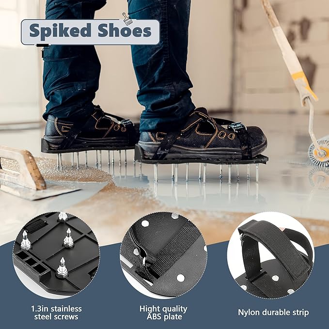 Self-Leveling Cement Tool Kit, Stainless Steel Scraper Self-Leveling Rake, Spike Roller, Floor Construction Roller, Spiked Shoes, Telescopic Pole for Beginners, Professionals
